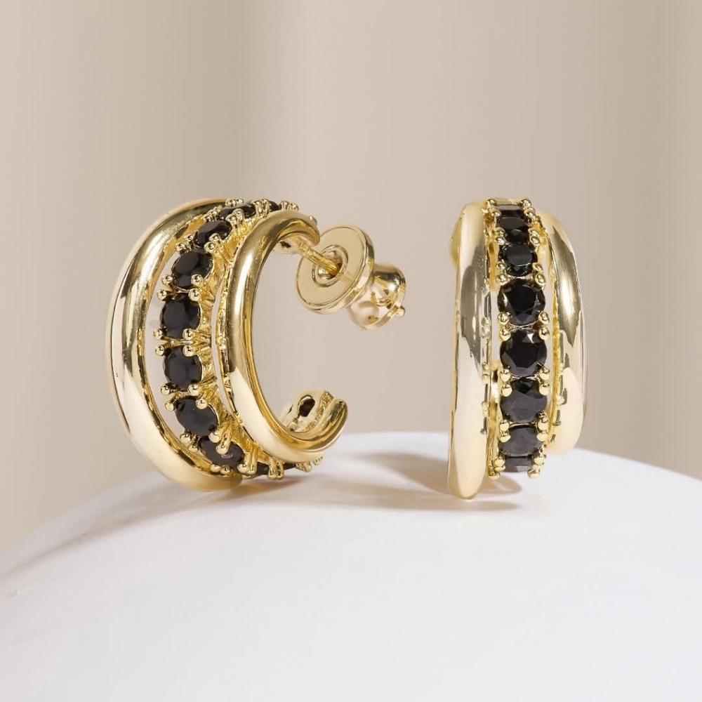 Melinda Maria Heiress Oh She Fancy Smooth Hoops Gold Onyx Black NEW - FIRM ✨️